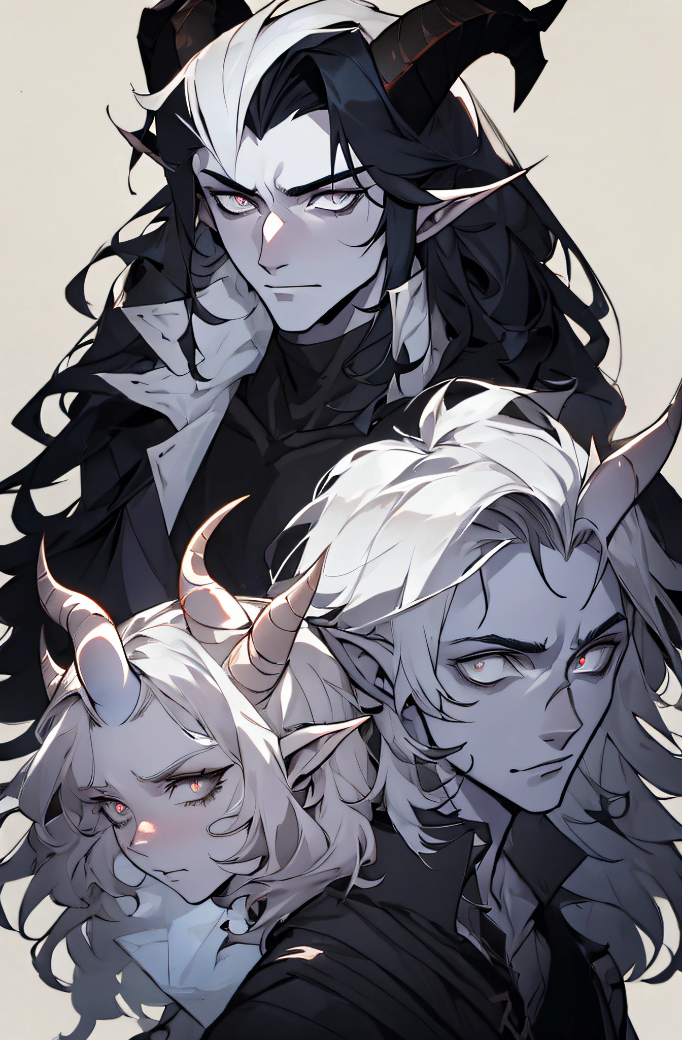 Tiefling male, 1male, grey pale skin, horns, long messy black hair, stern expression, headshot