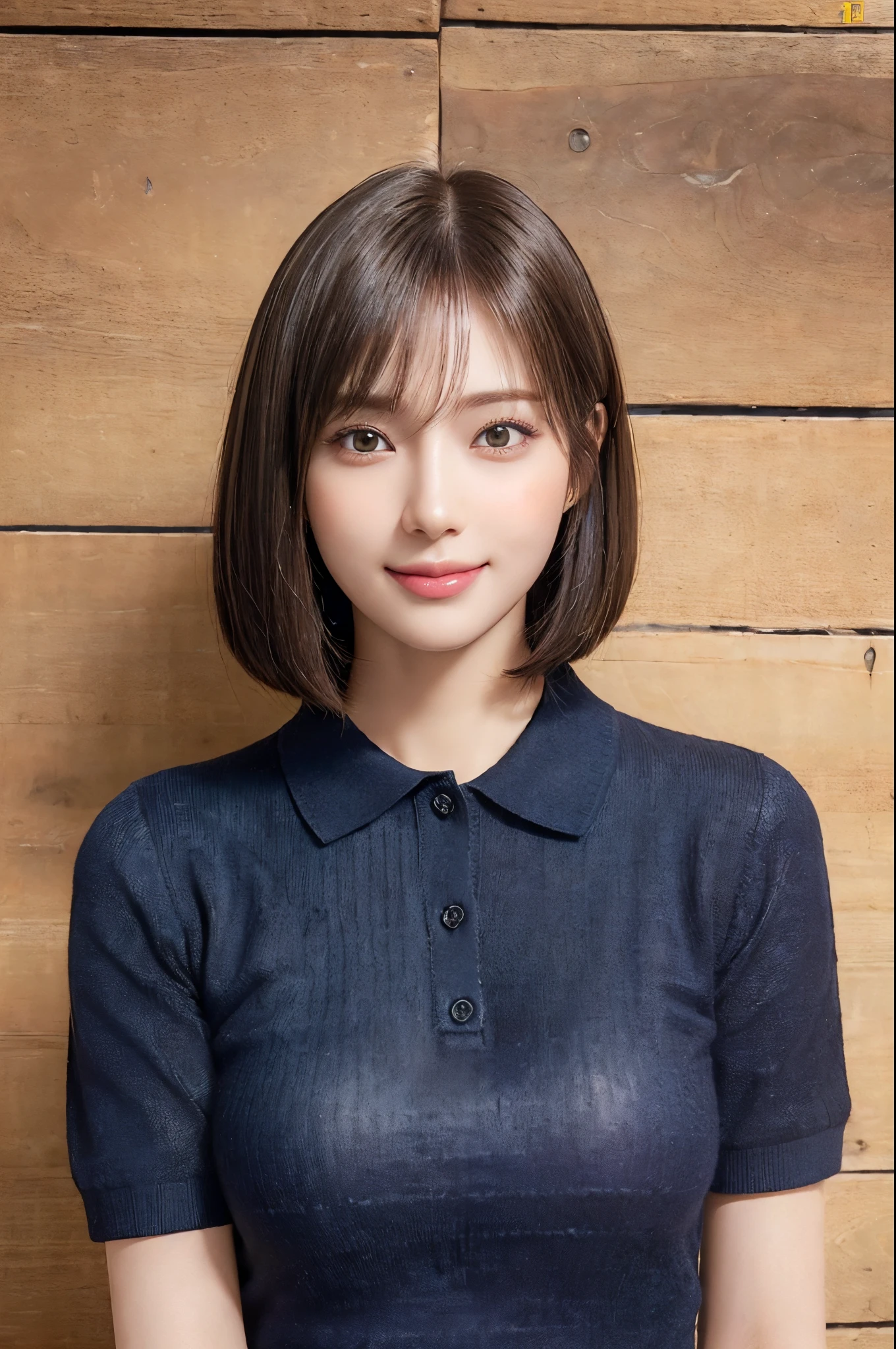 ((Detailed and super high quality:1.3)),((Realistic and super high quality:1.3)),((Photoreality:1.3)),((Very realistic textures:1.3)), japanes、Fair and beautiful skin、((Beautiful straight bob hair:1.5))、((Super Detail Face))Eye of Detail、double eyelid、sharp focus:1.2 Light brown hair、top-quality、超A high resolution、(Photorealista:1.4)、Highly detailed and professional lighting smile、Gentle expression、((Shy smile:1.3)) very classy and intelligent　stylish and neat　Trend Fashion　((Dark navy　Luxury short sleeve knit polo shirt))、((21years old:1.3)) 　((realistic skin textures:1.5)) Amazing close-up of a very beautiful face　Beautiful schoolgirl　Beautiful bob hair down to the tips　Slender body type　kawaii