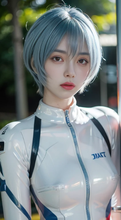 ((masseter membrane)),top-quality, lamplight, beautidful eyes, beautiful detailed blue hair, strike, 1 girl in, ayanami, Short hair details, armour, face expressionless, skiny, 独奏, high-necked, onesie, mechs, 城市, a park