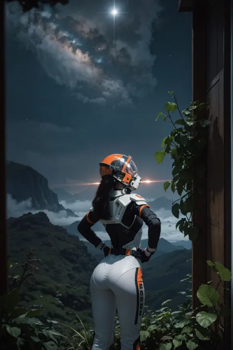 Masterpiece, highest quality, rear angle, Highly detailed photo of a (female space soldier wearing orange and white space suit, ...