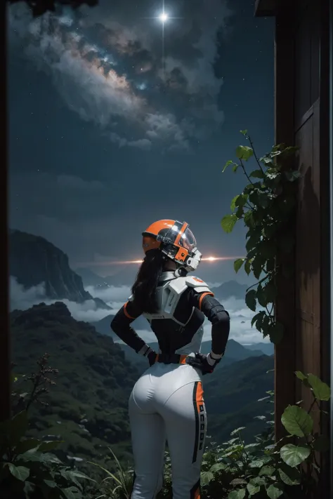 masterpiece, highest quality, rear angle, highly detailed photo of a (female space soldier wearing orange and white space suit, ...