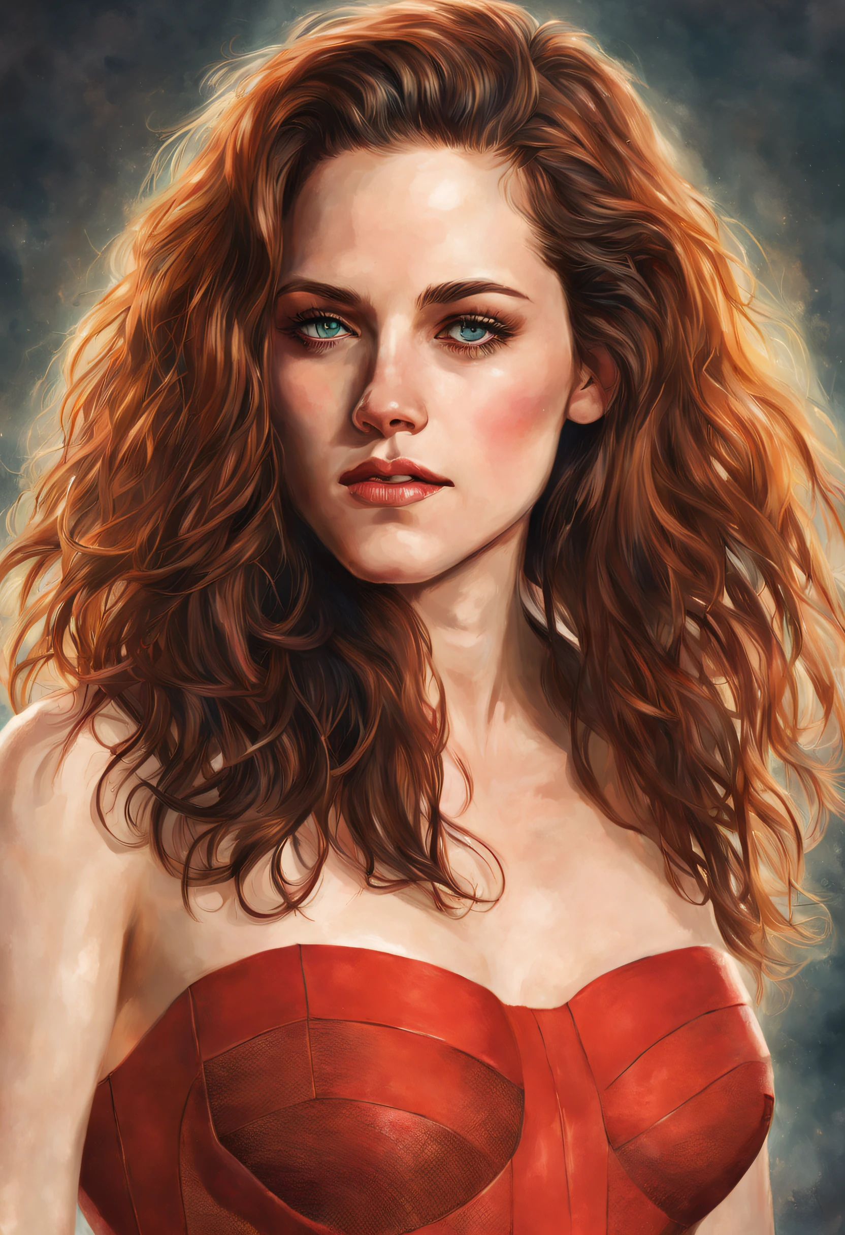 arte digital de  (ohwx mulher)   fotorrealista, curly hair, altamente detalhado, art-station, liso, foco nítido, arte por michael whelan, Artgerm, Darryl Zabrock