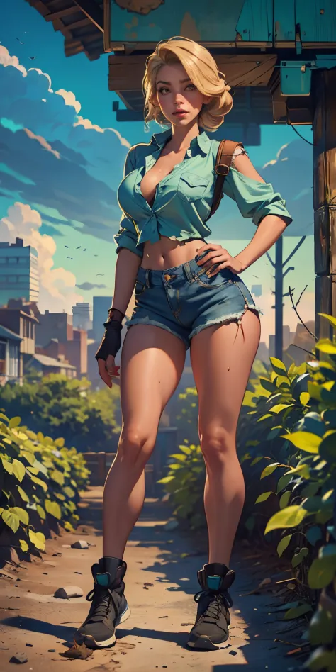 2076 year. The Urban Ruins of the Wasteland, Female huntress picking fruit in the garden, beautiful face, blonde, badly torn shi...