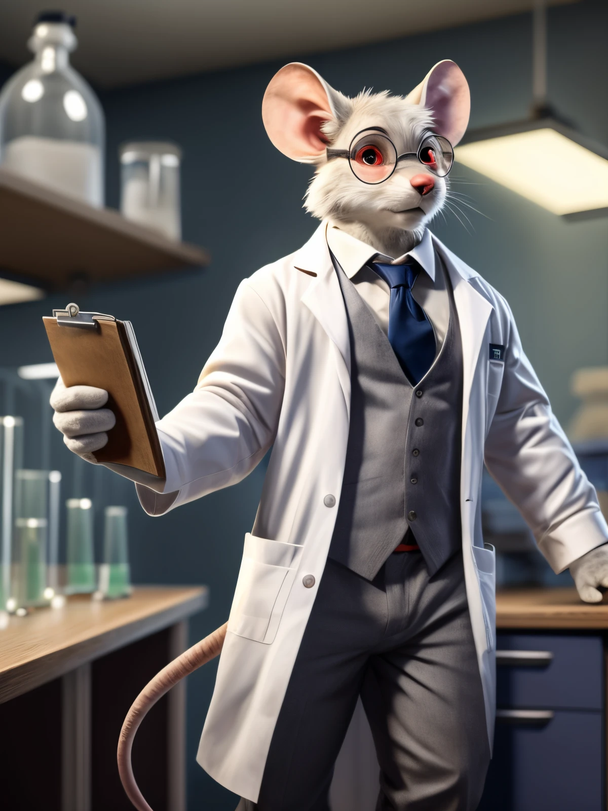 faible profondeur de champ, éclairage volumétrique, souris mâle, fourrure blanche, les yeux rouges, lunettes rondes argentées, expression inquiète, blouse de laboratoire, debout près d&#39;un bureau dans un laboratoire, tenant un presse-papiers, élèves noirs, yeux très détaillés, cravate argentée à nœud Windsor, gilet marron, pantalon gris, pattes postérieures nues