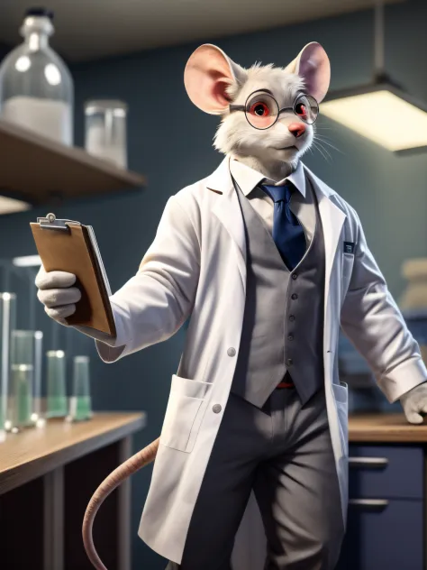 shallow depth of field, volumetric lighting, male mouse, white fur, red eyes, silver round glasses, worried expression, lab coat...