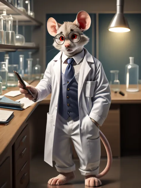 shallow depth of field, volumetric lighting, thin male mouse, white fur, red eyes, silver round glasses, worried expression, lab...