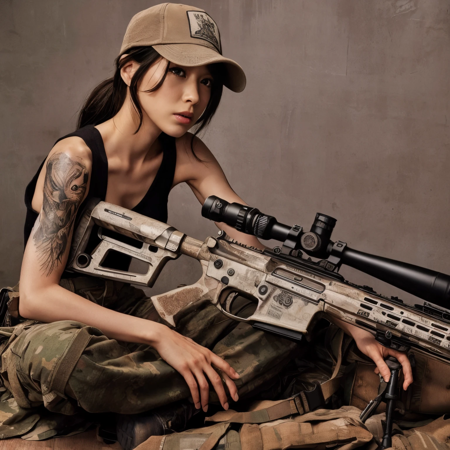 Realistic skin textures、rifle、The tattoo - SeaArt AI
