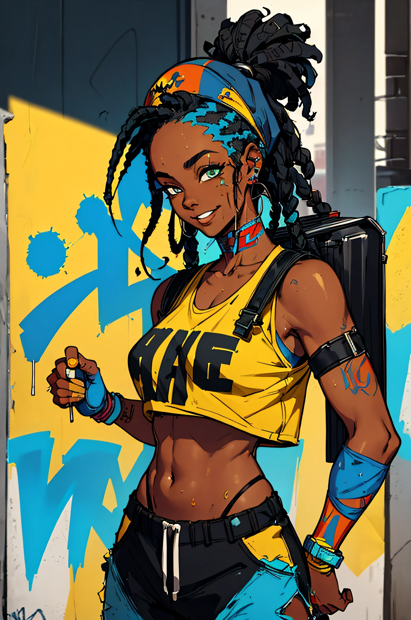 a black girl graffiti artist, DJ, Music, Black and blue hair dreads, music urban, snapback hat, vigilante, vibrant fan art, backpack, hip-hop, tank top, headphones on ear, spray paint cans accessories, music, sexy, tight clothing smiling, fit, hot, sweaty, blue piercing,  (red, yellow, blue clothing) ( Masterpiece) ( Best Quality)