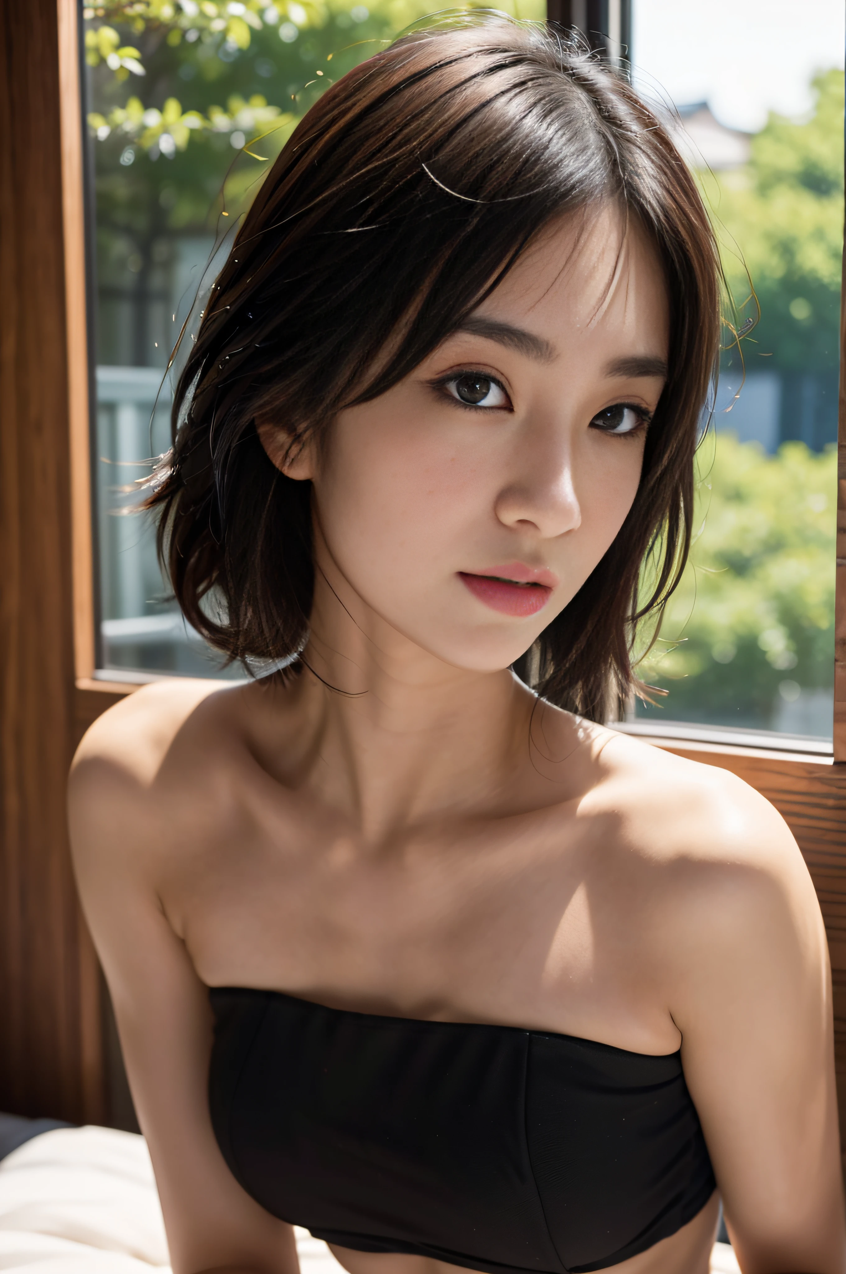 Close up portrait of woman in strapless top posing for photo, a photo by Tadashi Nakayama, Tumbler, shin hanga, mayuri shiina, Kimi Takemura, Kotegawa Yui, 奈良美智, Yasumoto Oka, harumi, sophisticated gravure idol, Ayaka