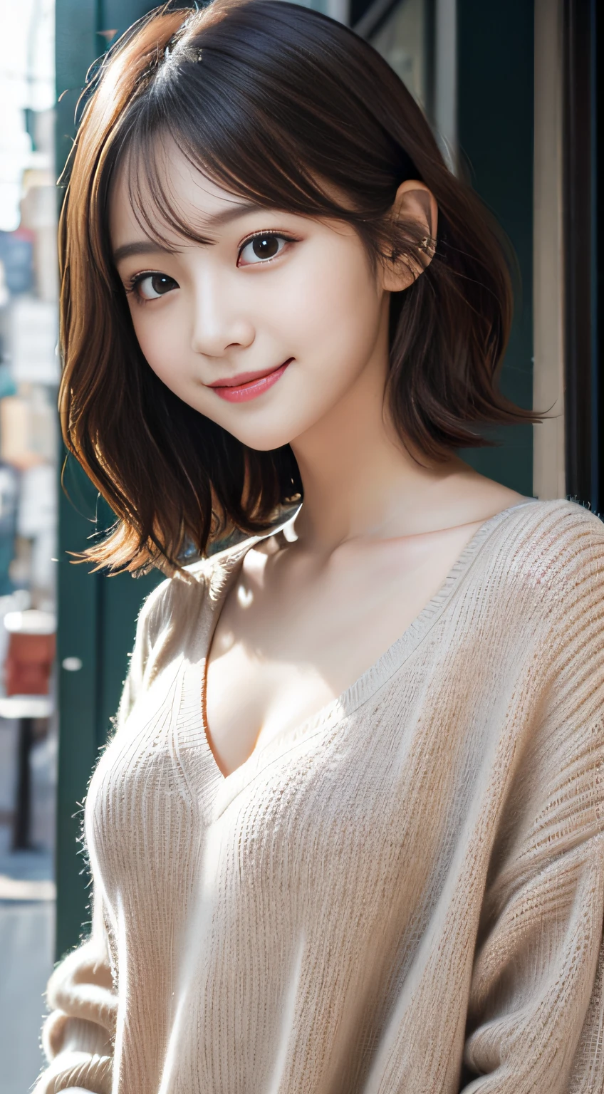masutepiece、Best Quality、Illustration、 Ultra-detailed、finely detail、 hight resolution、8K Wallpaper、Perfect dynamic composition、21 year old cute girl、detailed beautiful faces、detailed cute eyes、Textured skin、Wavy short hair、discret smile、tiny chest、Bold sexy poses、Winter casual wear、