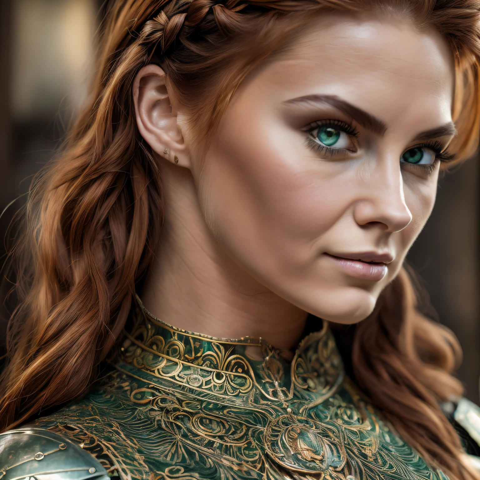 1woman, masterpiece, best quality, 8k, detailed skin texture, detailed cloth texture, beautiful detailed face, determined expression, intricate details, ultra detailed, a european woman, green eyes, auburn hair in a french side braid, 3D character, Medieval Knight, full body view, full body armor, no helmet, full plate armor, smaller breasts