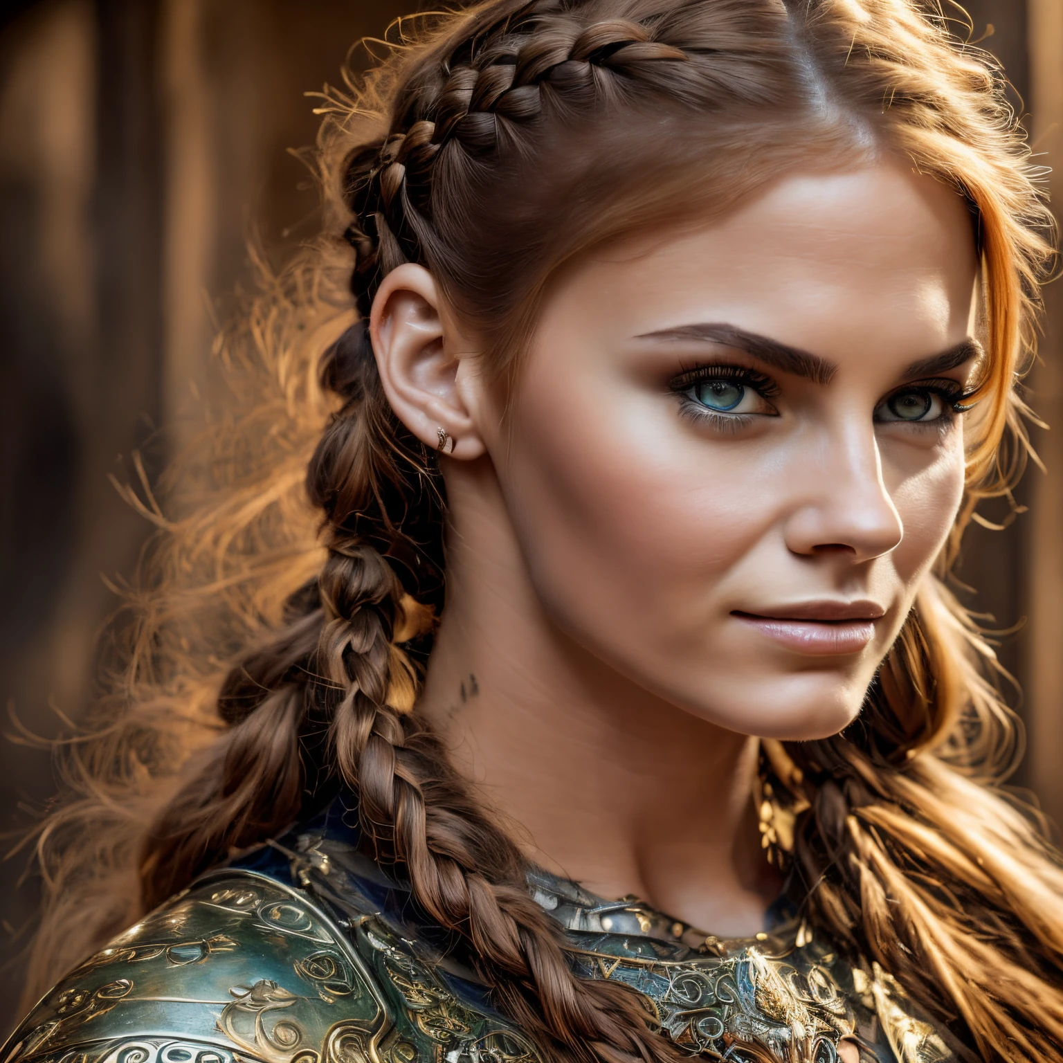 1woman, masterpiece, best quality, 8k, detailed skin texture, detailed cloth texture, beautiful detailed face, determined expression, intricate details, ultra detailed, a european woman, green eyes, auburn hair in a french side braid, 3D character, Medieval Knight, full body view, full body armor, no helmet, full plate armor, smaller breasts, 1 woman, Medieval woman with a braid in her light brown hair, wearing fitted studded leather armor, portrait of a female warrior, side portrait of medieval female warrior, portrait of very beautiful warrior woman, female character with a determined look and smirk, portrait of female warrior, fantasy character portrait, very beautiful woman top model, detailed matte fantasy portrait, beautiful female warrior, full body view