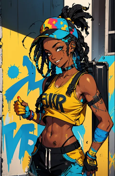 a black girl graffiti artist, DJ, Music, Black and blue hair dreads, music urban, snapback hat, vigilante, vibrant fan art, back...