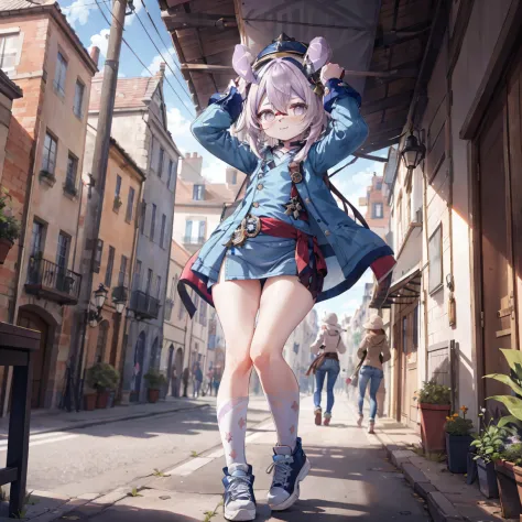 Melousine|genshin impact, masterpiece, bestquality,3 girl,young girl, Long Jeans,  Wear glasses, purple hair color, long hair po...