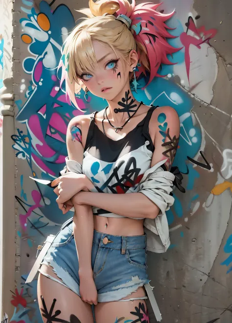 masutepiece, Best Quality, Realistic, One Woman、a blond、Solo, croptop , Denim shorts, Necklace, (Graffiti:1.5), paint splashes, ...