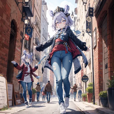 Melousine|genshin impact, masterpiece, bestquality,3 girl,young girl, Long Jeans,  Wear glasses, purple hair color, long hair in...