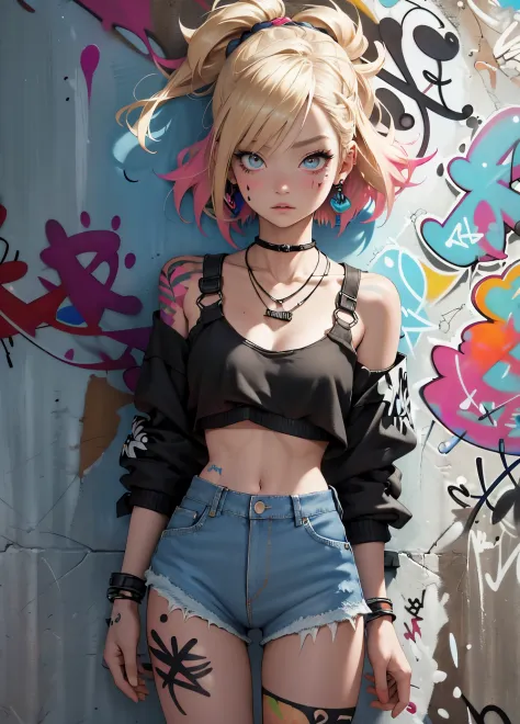 masutepiece, Best Quality, Realistic, One Woman、a blond、Solo, croptop , Denim shorts, Necklace, (Graffiti:1.5), paint splashes, ...