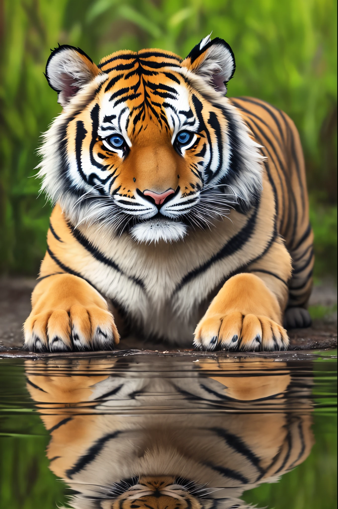 A hyper-realistic painting of a tiger cub sitting on the edge of a puddle, looking at the reflection of an adult male tiger, The scene is viewed from a very low angle, almost as if it is underneath a puddle, with the claws of the puppy raised up and fur reaching the ground, The setting is outdoors at sunrise, with a cinematic quality like a movie poster, but in the reflection the puppy is old --auto --s2