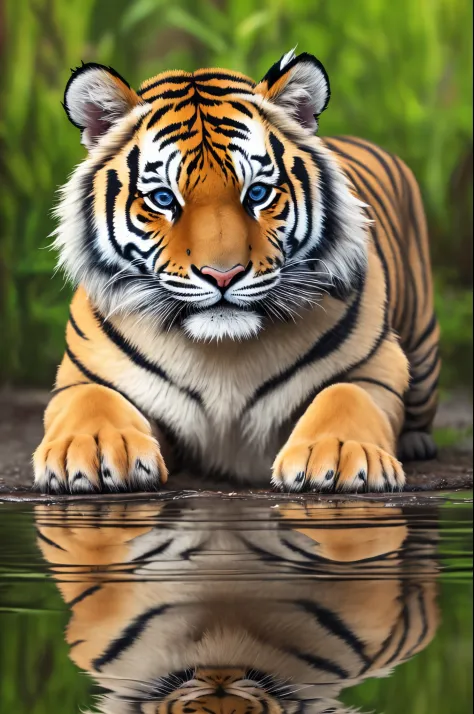 A hyper-realistic painting of a tiger cub sitting on the edge of a puddle, looking at the reflection of an adult male tiger, The...