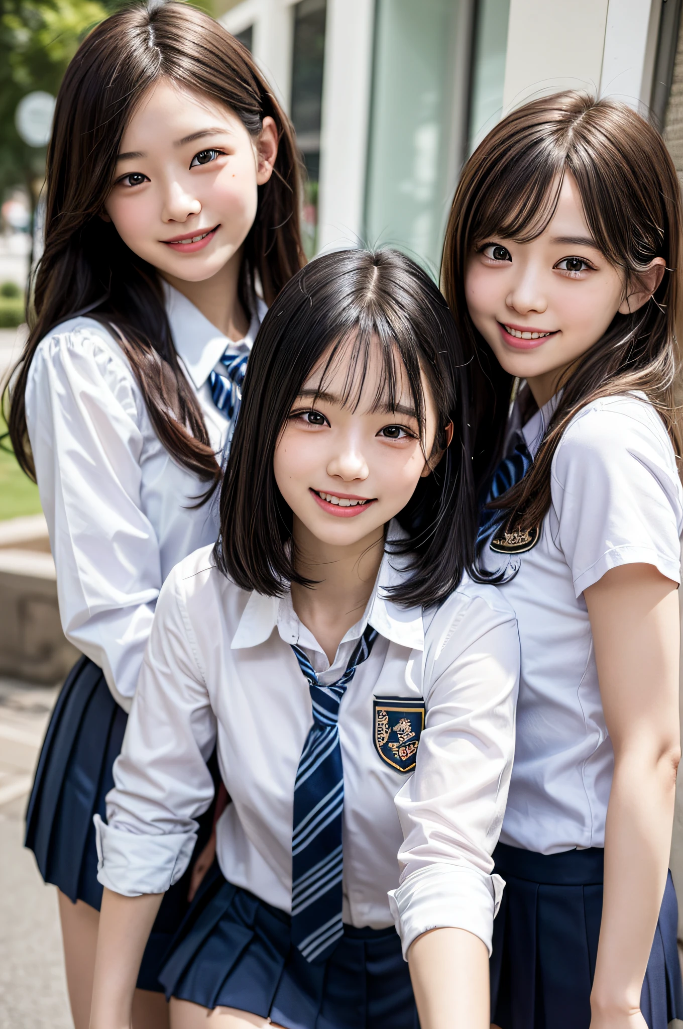 (3girls), cute face, Best Quality, realistic, raw photos, professional photograpy, (School uniform, pleated mini skirt), We don’t laugh because we’re happy – we’re happy because we laugh, focus on the girls,