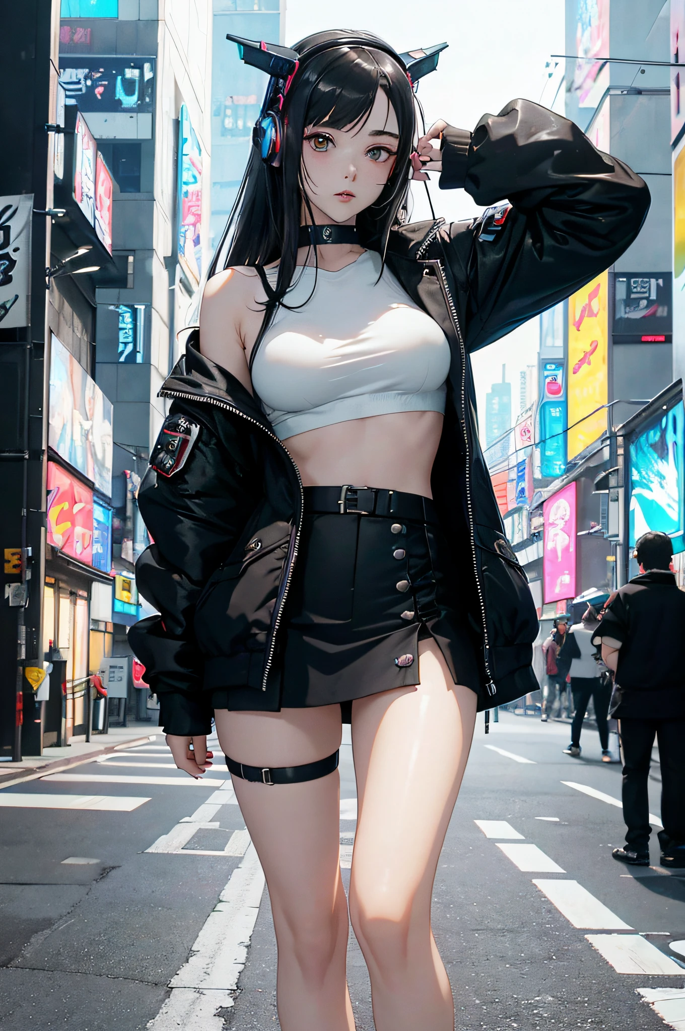 a woman in a short skirt and headphones posing for a picture, cyborg girl, Cyborg - girl, oppai cyberpunk, beutiful girl cyborg, female cyberpunk anime girl, cute cyborg girl, cyberpunk anime girl, beautiful white girl cyborg, perfect anime cyborg woman, cyberpunk 2 0 y. o model girl, perfect android girl, cyberpunk beautiful girl, cyberpunk girl, japanese cyborg