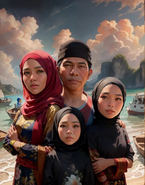 painting of a family of three standing on a beach with boats in the background, an indonesian family portrait, Javanese tribe, M...