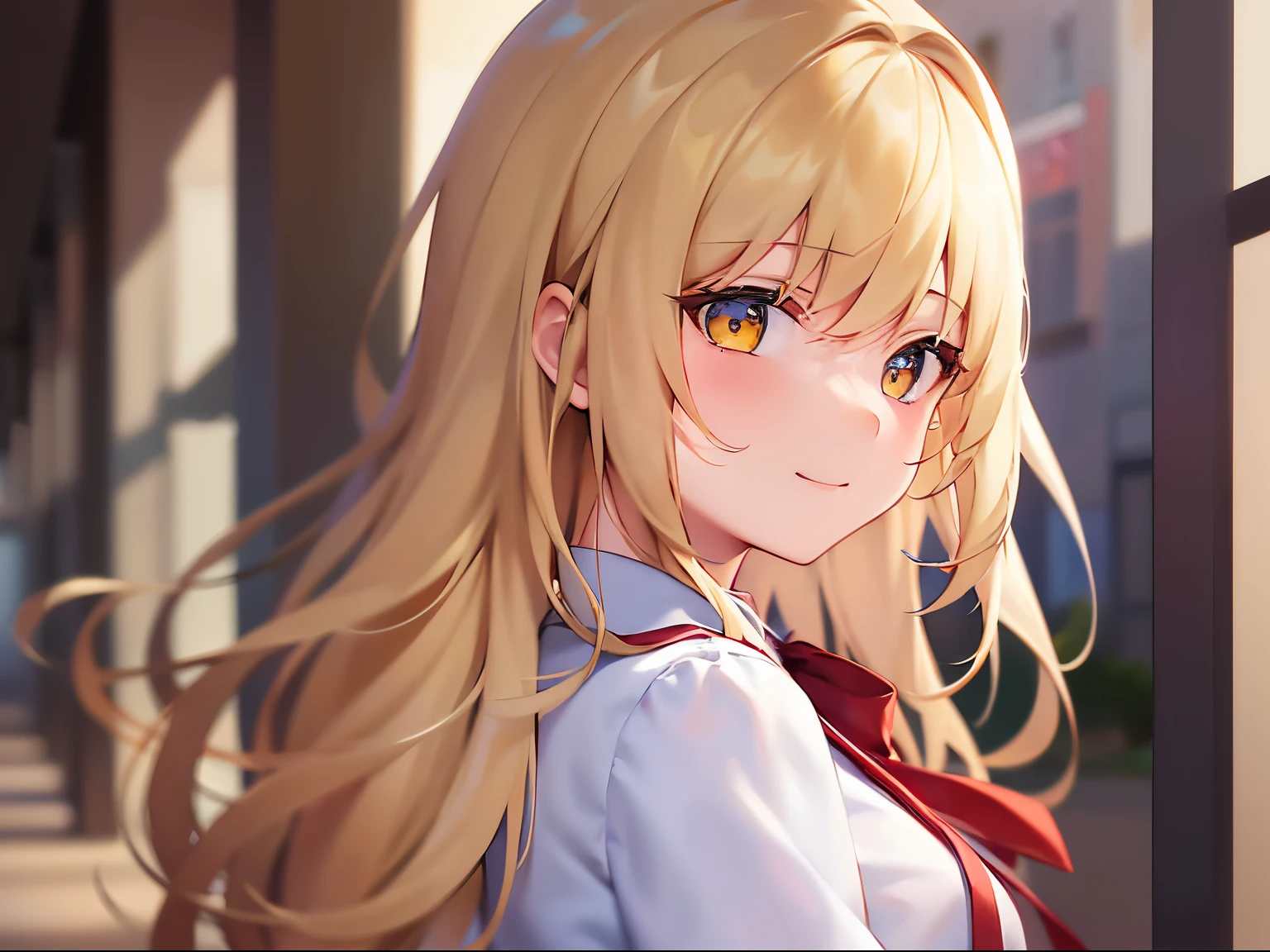 ​masterpiece、hightquality、Background is a school hallway、(Blonde medium hair, yellow  eyes)、the hair flutters with the wind、An 18-year-old woman、Wearing a high school uniform、Red ribbons、white  shirt、Blue pleated skirt、Close-up of the subject's face、(Alone:1.5)、(Smiling expression:1.1)、(Only the upper body is shown.:1.3)、Bold composition、