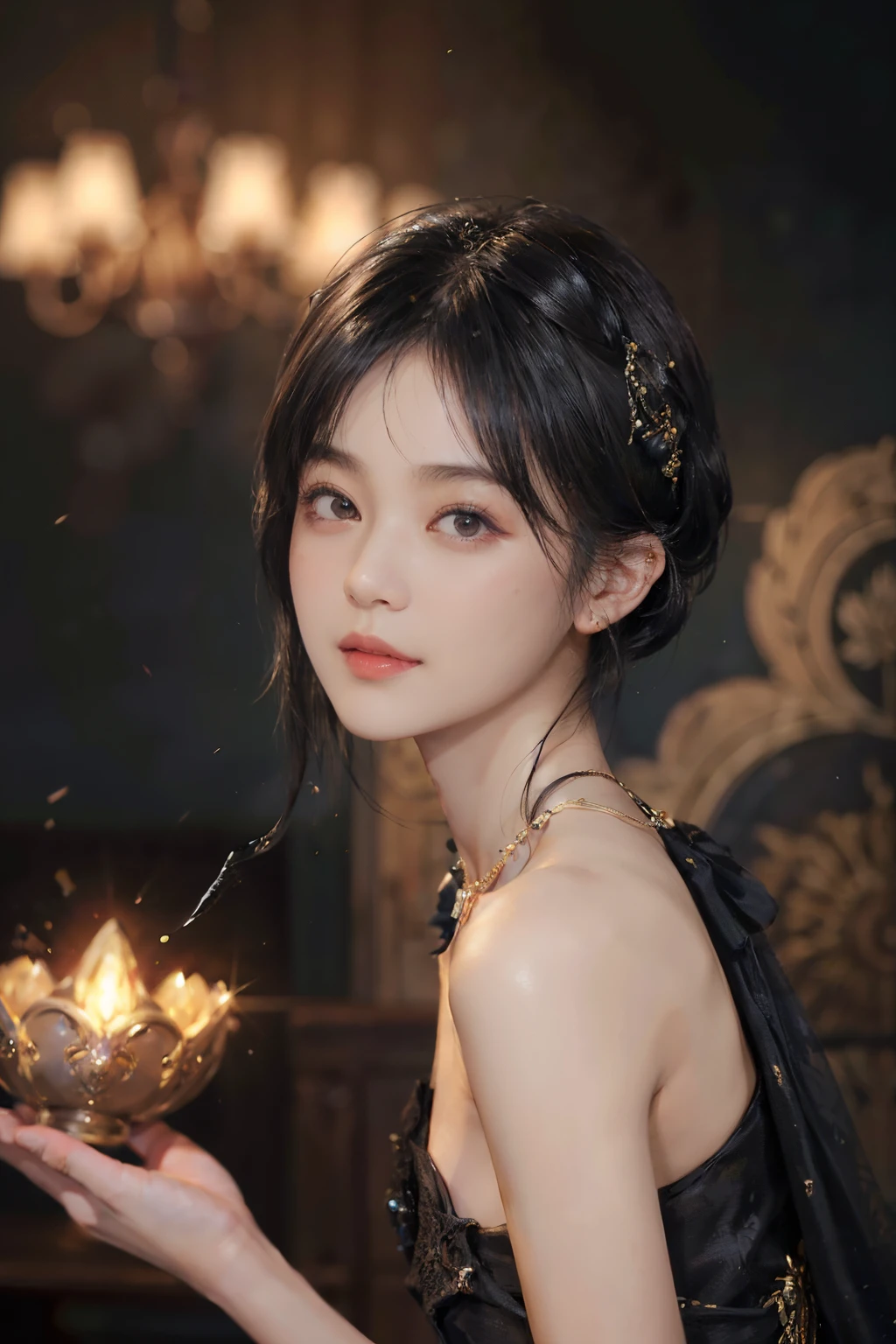 ((1womanl)),  (((Black Shorthair))), （masuter piece：1,3）、top-quality、​masterpiece、hight resolution、Original、highly detailed wallpaper、dress code、Luxurious necklace, A slight smil、a small face、(Breast)、(Light on Face)、Live-action style, Beautiful facial features, darkened room, ((Hu Dilan))