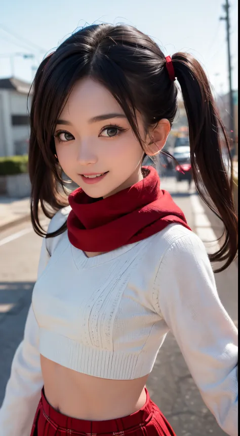 ((best quality, 8K, masterpiece)), ultra detailed, sharp focus, 1 cute girl, (small breasts), (white cropped sweater), ((red sca...