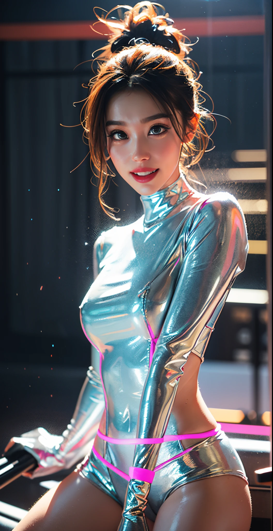a glowing head made of glass and a glowing body made of glass, beautiful face, detail face, full body, long legs, nice smile, good arms and hands, pink neon glowing lights, amazing particles pulling out of the glass head and body, like droplets of glass floating, 8k highly detailed digital art, intricate artwork, octane render, mind-bending digital art, breathtaking digital art, 3d digital art, 8k hd wallpaper, volumetric lighting, highly reflective glass particles