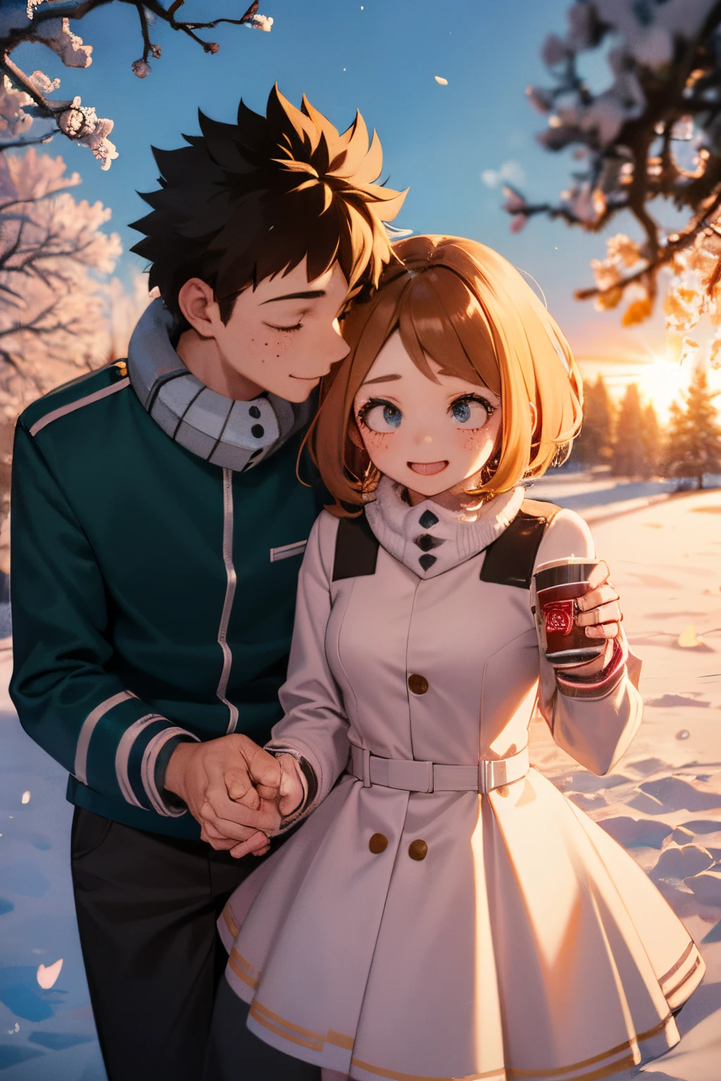 (un joven con el pelo verde y puntiagudo) and Ochaco Uraraka (una chica con cabello castaño corto y mejillas rosadas) caminando por un paraíso invernal bajo un cielo nevado, rodeado de árboles cubiertos de nieve. Los copos de nieve caen suavemente sobre sus expresiones felices., haciendo que sus ojos brillen de alegría. Izuku usa un abrigo de invierno verde que se parece a un disfraz de héroe, mientras que Ochaco está vestido con un lindo traje de esquí de invierno., Lo que se suma a la atmósfera alegre. Caminando por un paraíso invernal de la mano y sosteniendo una taza de chocolate caliente en las manos libres. Suaves copos de nieve caen como confeti, creando un ambiente mágico. El amor entre Izuku y Ochaco se evidencia en sus cariñosos gestos, tomados de la mano y robándose dulces miradas el uno al otro. El paisaje cautiva al espectador con su calidad de ensueño: una combinación de elementos detallados y colores vibrantes., evocando una sensación de felicidad y tranquilidad. La obra de arte está representada en una hermosa, estilo realista con alta resolución, capturando cada detalle intrincado de los personajes, sus alrededores, y los delicados pétalos de las flores de cerezo. La composición del cuadro resalta la relación entre Izuku y Ochaco, enfatizando su conexión y amor mutuo. La paleta de colores enfatiza la calidez., pastel tones, realzando la atmósfera romántica de la escena. La iluminación es suave y cálida., proyectando sombras suaves y creando un ambiente sereno.