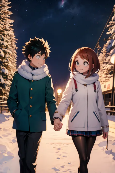 Cute couple Izuku Midoriya & Ochaco Uraraka walking hand in hand though a winter wonderland, snow-covered park