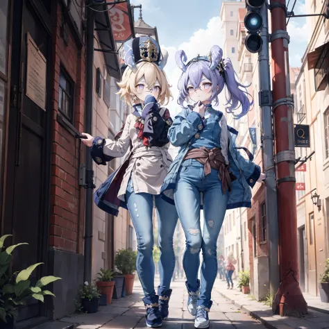 Melousine|genshin impact, masterpiece, bestquality,3 girl,young girl, Long Jeans,  Wear glasses, purple hair color, long hair in...