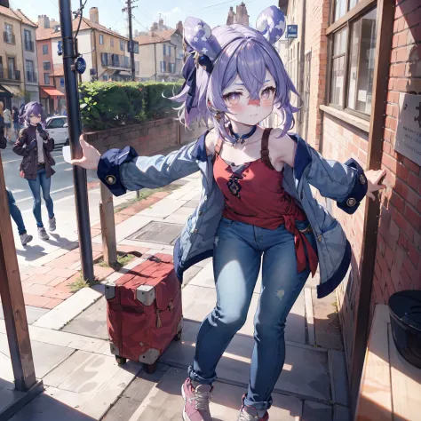 Melousine|genshin impact, masterpiece, bestquality,3 girl,young girl, Long Jeans,  Wear glasses, purple hair color, long hair in...