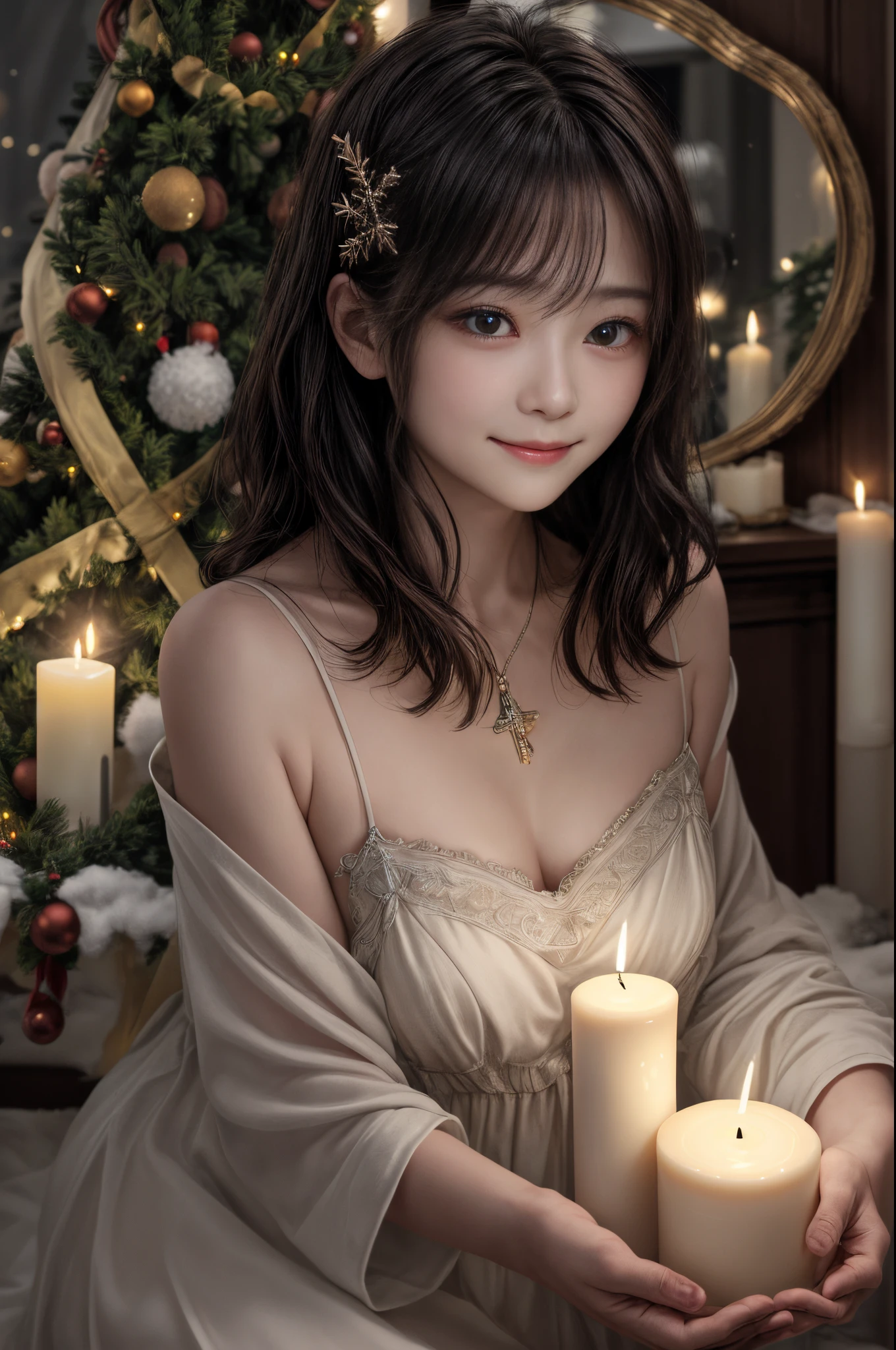 infp young woman、shorth hair、big eye、clear amber eyes、innocent smiles、Christmas tree decoration、Holy Night、darkened room、There are many candles placed、Candlelight、depth of fields、​masterpiece、Ultra-realistic、ultra-quality、超A high resolution、The candle flame is reflected in my eyes:1.3、