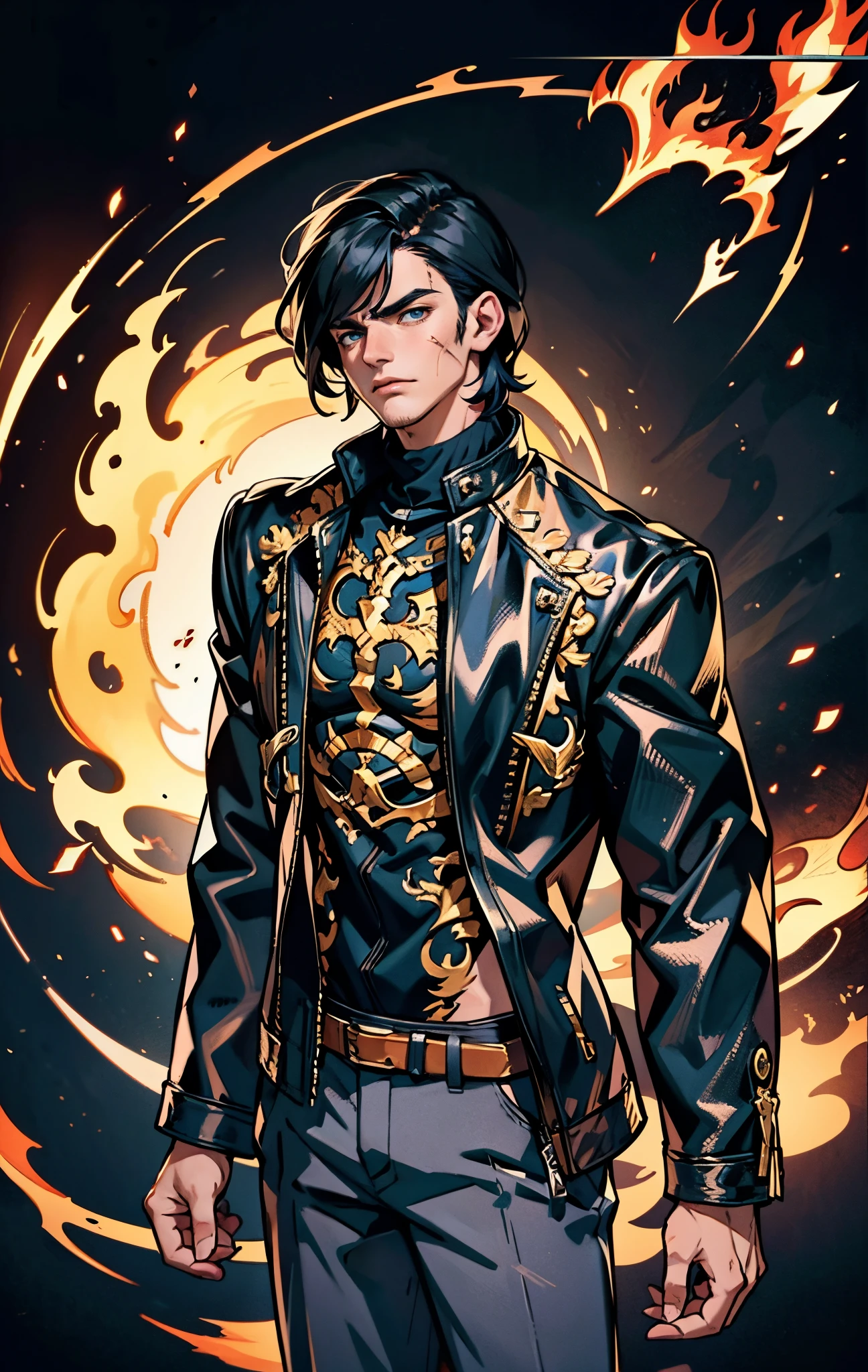 A young man, dark blue short hair, long bangs covering half of his face, sharp eyes, a long scar on his face, an expression of discontent, a fantasy-realistic style leather jacket over a dark undershirt, trousers that matching the outfit, black fire swirling around, the background depicts a menacing dragon formed by black flames, this character embodies a finely crafted fantasy-realistic in anime style, exquisite and mature manga art style, high definition, best quality, highres, ultra-detailed, ultra-fine painting, extremely delicate, professional, anatomically correct, symmetrical face, extremely detailed eyes and face, high quality eyes, creativity, RAW photo, UHD, 8k, Natural light, cinematic lighting, masterpiece-anatomy-perfect, masterpiece:1.5