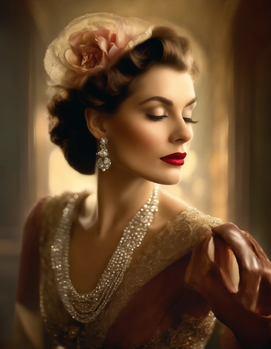 (Masterpiece) portrait of a insanely beautiful Coco Chanel model in 1940s, beautiful painting with highly detailed face by Alphonse Mucha, Craig Mullins, Greg Rutkowski, magali villanueve, (the most beautiful portrait in the world:1.5), in the style of shiny rhinestone crystals.