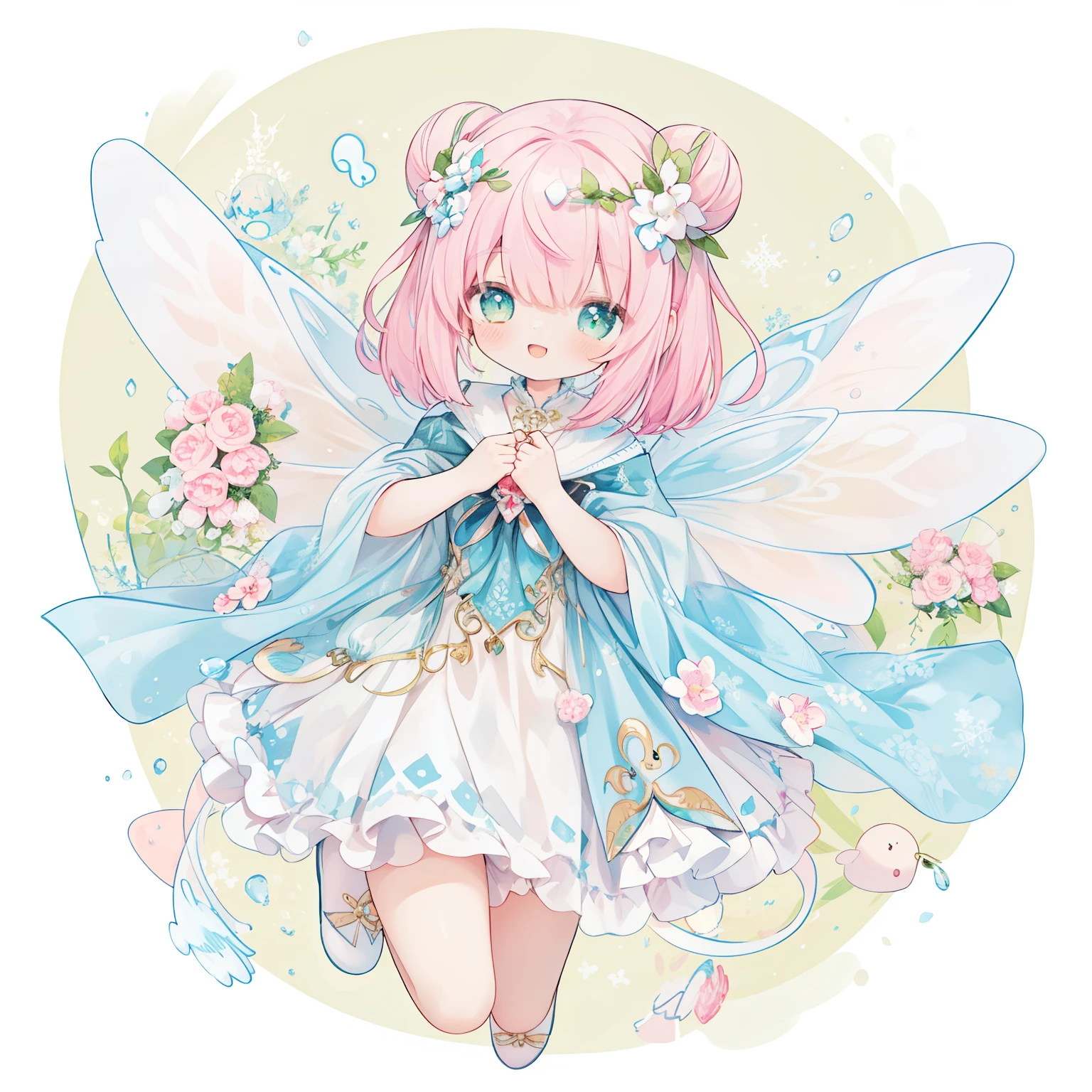 1girl in、(PastelColors:1.3)、(Cute illustration:1.3)、(watercolor paiting:1.1)、(Wearing large transparent fairy wings with polka dots。。。。。。。。。。。。。。：1.3),Close your eyes and smile、With cloud kittens、A little blue floating in a magic bubble！ 🐱Blue hair,blunt bangs,beautiful gir、
and good night！ (=^ ◡ ^=)  ,Detailed background、Smile with open mouth、Beautifully detailed、Moya、colourfull、marble、Particles of light、patterns、looking left、Shirayuki Noel、Snowflake、
Detailed drawing、Vibrant colors、striking contrast、intricate detailes、Delicate depiction、Luminescent、full body Esbian、From the side、Beautiful facial features、Brightly colored eyes、Wearing intricate and delicate ornaments、glowing aura、Radiant hair,Illuminated by the morning light、Summer wreaths、Pale yellow-green background、Fairy with a bouquet of flowers、Fancy Fairy、A pink-haired、Bun head、jumpping、levitation、Thick wool gown:0.4