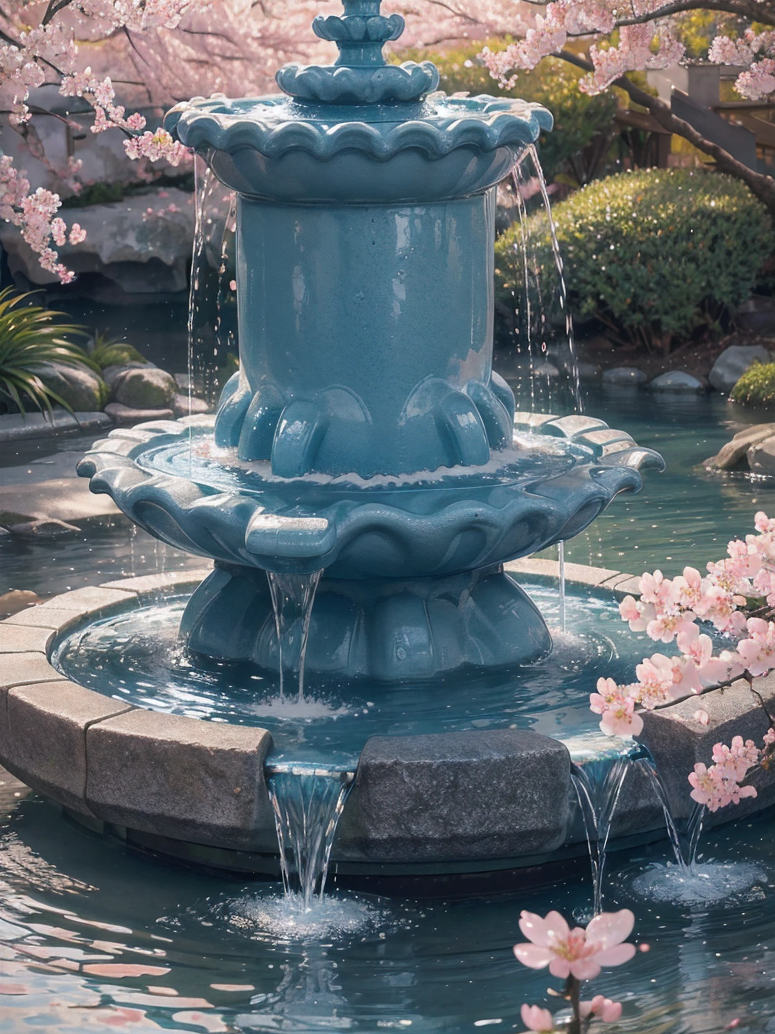((water fountain)), (best quality,4k,8k,highres,masterpiece:1.2),ultra-detailed,(realistic,photorealistic,photo-realistic:1.37), water fountain shape like whale, splash, cherry blossom, japanese vibes, depth of field, sunset, chromatic