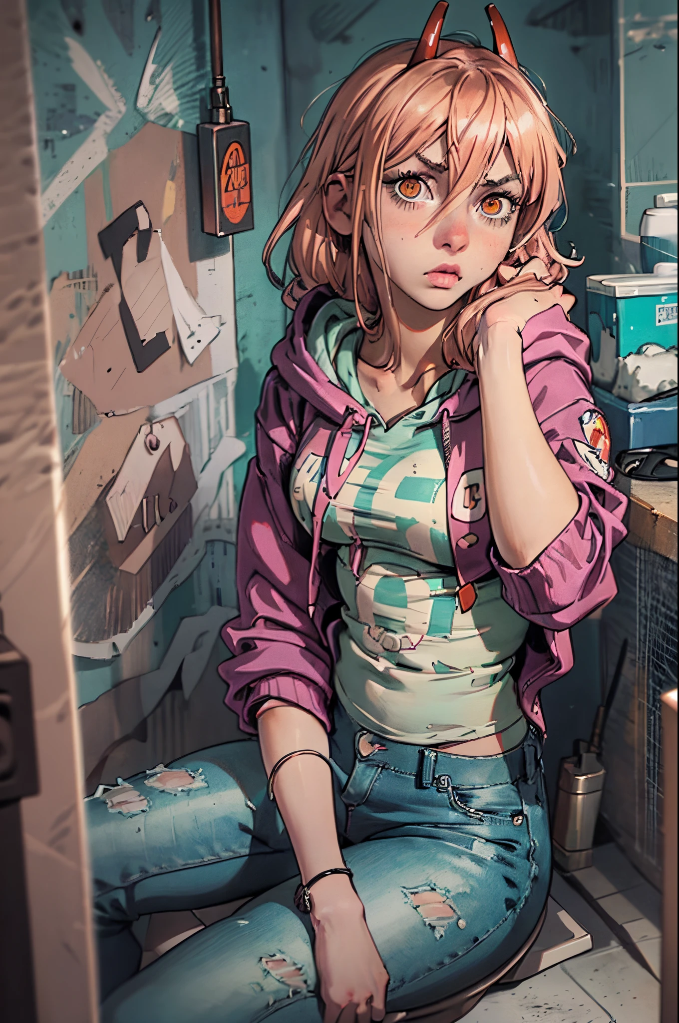 high res, detailed, power from chainsawman, person sitting in a toilet cubicle, gripping their own breast, holding a magazine in the other hand, wearing a pink low-cut hoodie and black jeans, looking up at the viewer, dramatic lighting, intense and vibrant colors