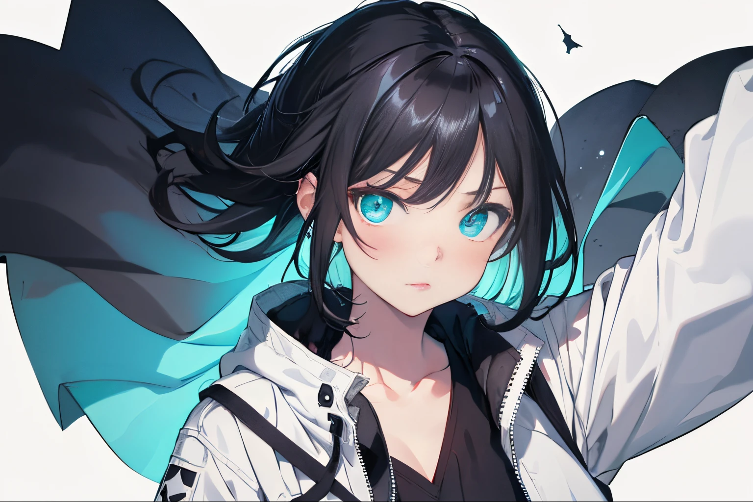 【Highest Quality, masutepiece】,Manteau, expressioness, front facing,1 girl in, Turquoise eyes,  jet-black hair, Jacket (Gray white background:1.4), (night sky background:1.3),