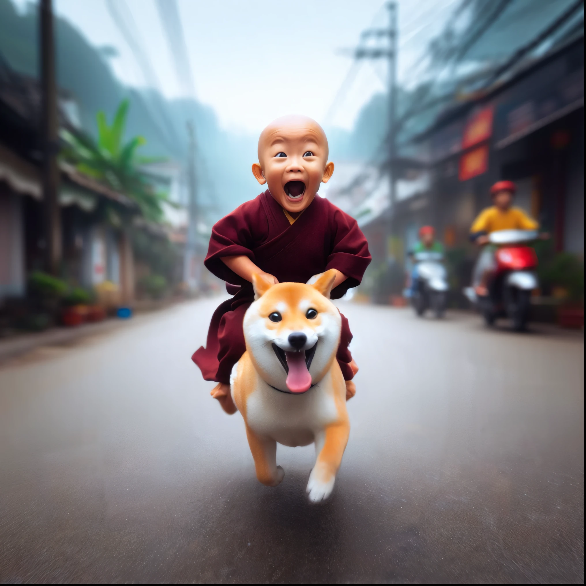 arafed image of a moine riding a dog on a street, bouddhiste, chien comme dieu, 2 1 st century moine, profondeur incroyable, doge, bouddhisme, Génial, avec son petit chien hyperactif, oeuvre d&#39;art dans le style de guweiz, adorable peinture numérique, moine, il est très content, pure joie, inspiré par Shiba Kōkan