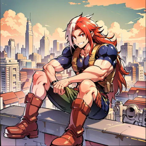 pale masculine man, muscular burly build, long frizzy Red and White hair, well-drawn red eyes, subtle grin, tank top, brown boots, highres, detailed cityscape background, my hero Academia art style,