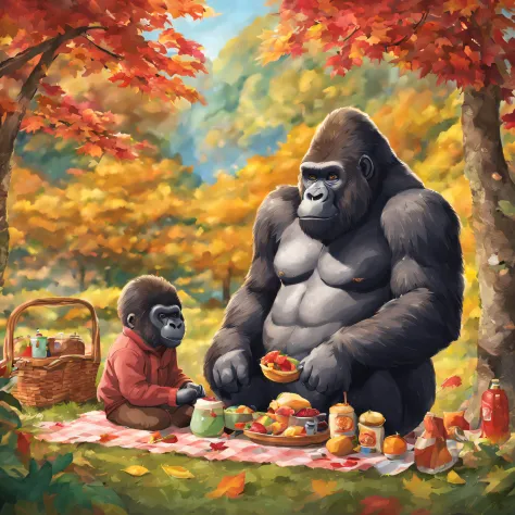 The main character is a gorilla、The season is autumn、Colored leaves、picnic、gorilla family of two、chum、A strong and cool father、c...