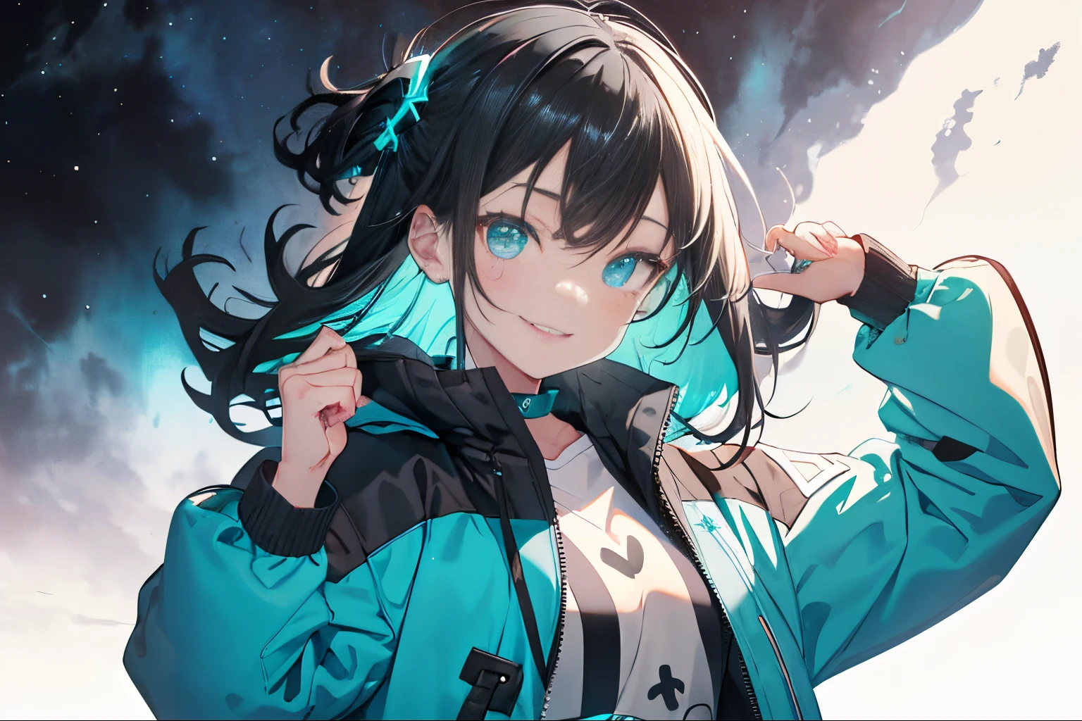 Highest Quality, masutepiece,smile face,front facing, 1 girl in, Turquoise eyes,  jet-black hair, Jacket (Gray white background:1.4), (night sky background:1.3),