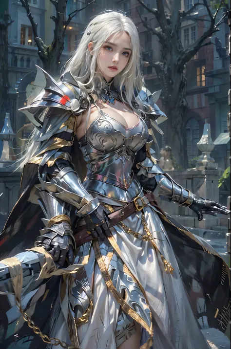 realisticlying, A high resolution, 1 girl, hip-up, long  white hair, pretty eyes, normal breast, dark souls style, knights armor