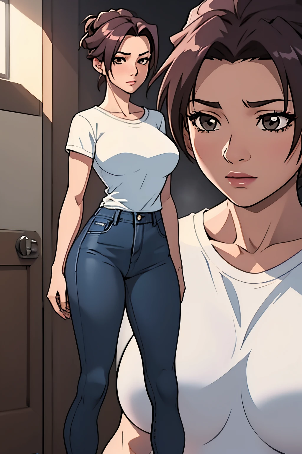 Misako,4K, détaillé, debout, t-shirt blanc, Blue Jeans,