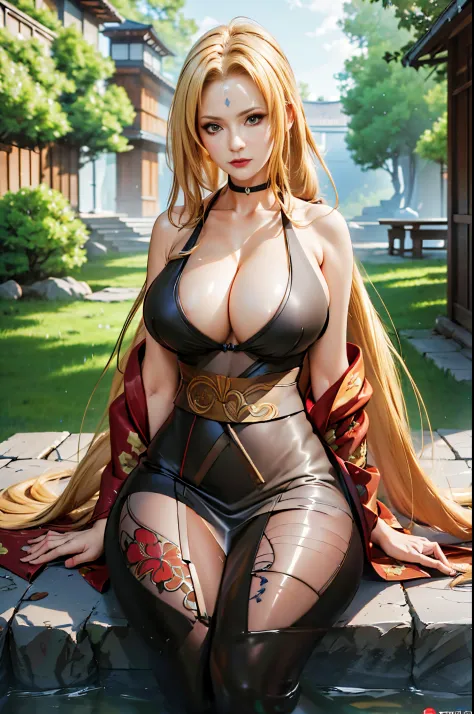 generate tsunade from naruto anime, best quality, masterpiece, 1girl, (solo:1.1), raytracing, ultra detailed, 8k wallpaper, wide hips, tsundere face, gigantic breast, (long hair:1.1), blonde hair, looking at viewer, collarbone, long coat and kimono inside,...