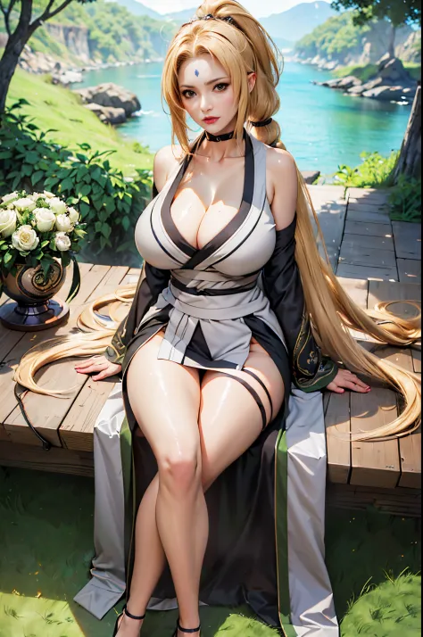 generate tsunade from naruto anime, best quality, masterpiece, 1girl, (solo:1.1), raytracing, ultra detailed, 8k wallpaper, wide hips, tsundere face, gigantic breast, (long hair:1.1), blonde hair, looking at viewer, collarbone, long coat and kimono inside,...