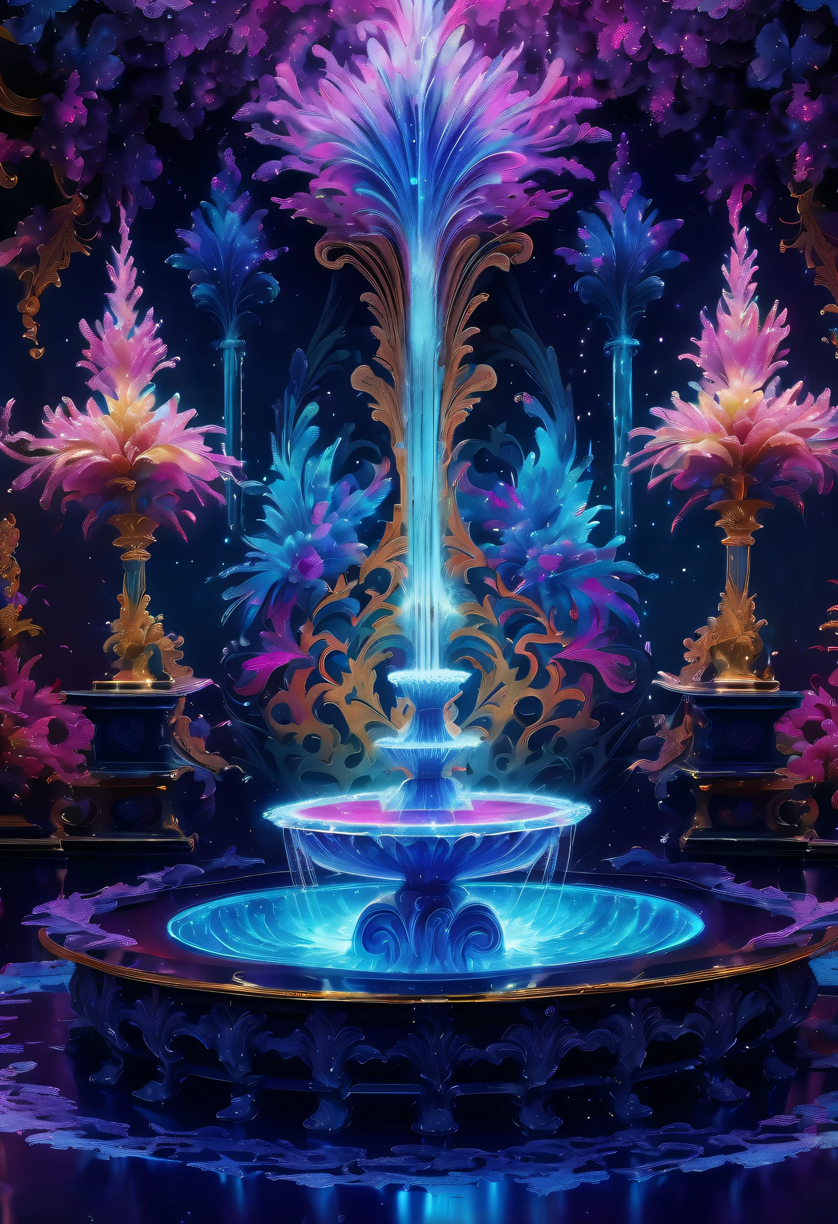 A colorful fountain with flowers and candles in a dark room - SeaArt AI